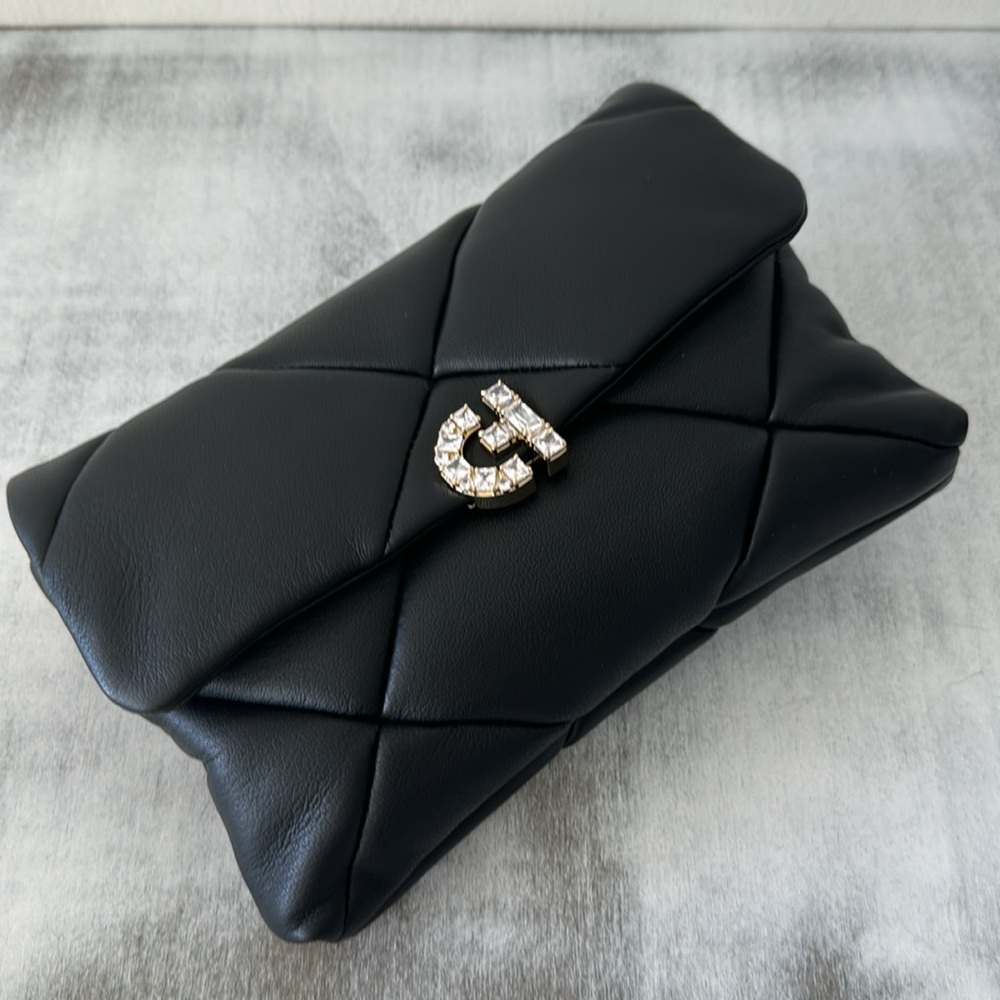Cole Haan Crystal Quilt Leather Clutch Crossbody Black W Chain Strap - Picture 8 of 13